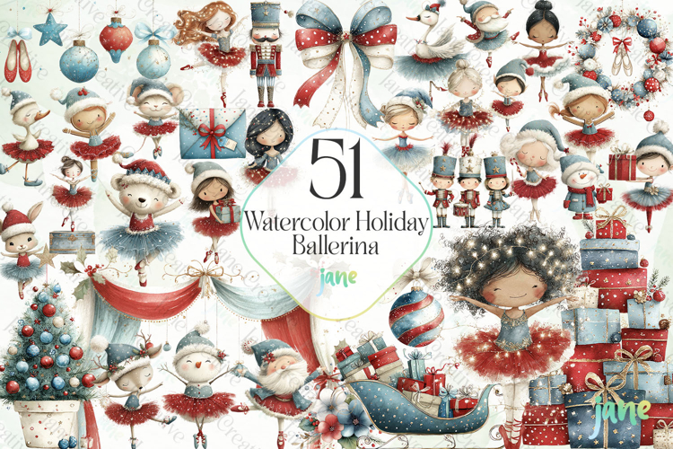 Watercolor Holiday Ballerina Clipart Bundle