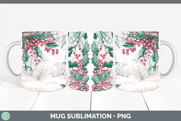 Watercolor Holly Mug Wrap Sublimation Coffee Cup Designs