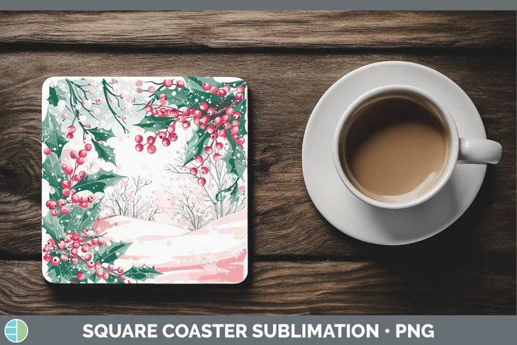 Watercolor Holly Square Coaster Sublimation Coaster Designs