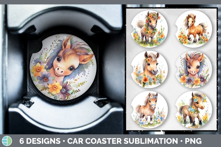 Bundle of six Watercolor Flower Horses Car Coaster designs.