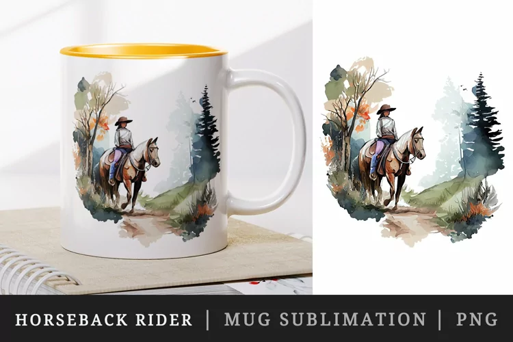 Watercolor horseback rider mug, cup wrap sublimation design