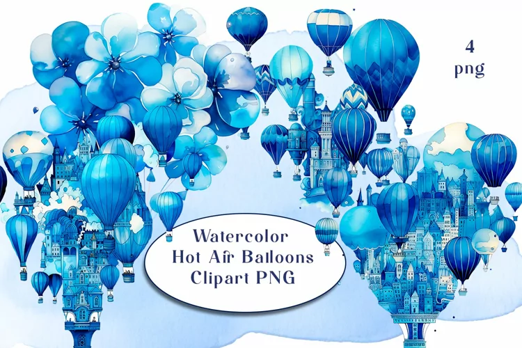 Blue Watercolor Hot Air Balloons Clipart PNG