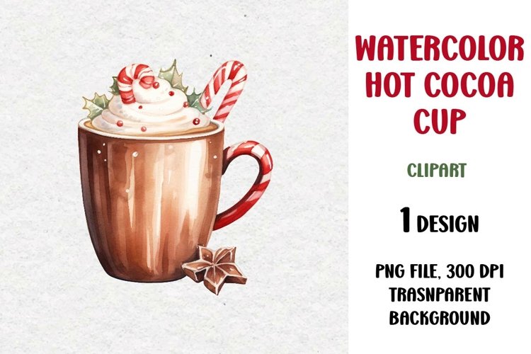 Watercolor Hot Cocoa Cup Clipart, PNG example image 1