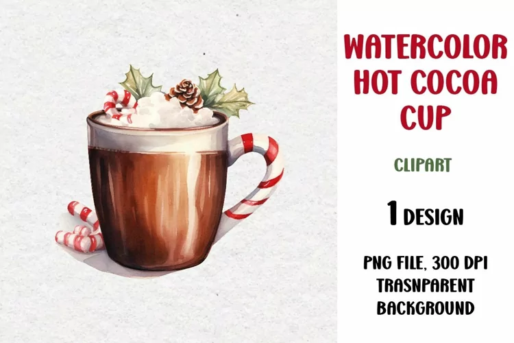 Watercolor Hot Cocoa Cup Clipart, PNG