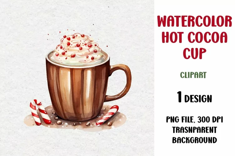 Watercolor Hot Cocoa Cup Clipart, PNG