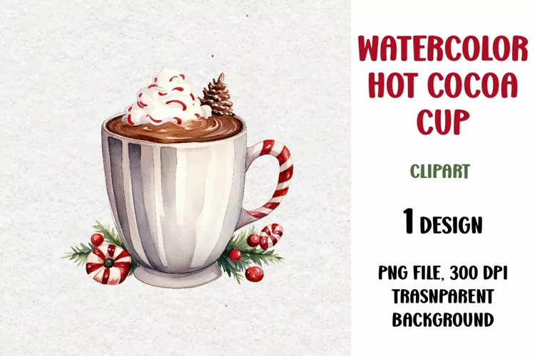 Watercolor Hot Cocoa Cup Clipart, PNG