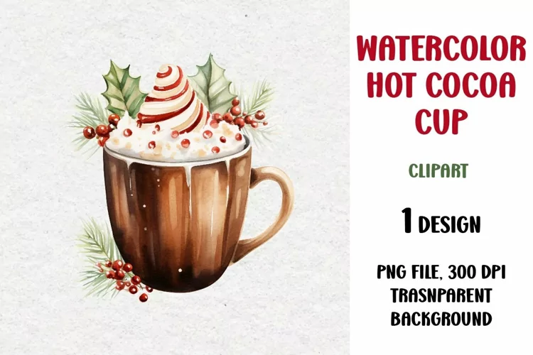 Watercolor Hot Cocoa Cup Clipart, PNG