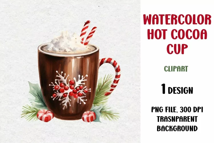 Watercolor Hot Cocoa Cup Clipart, PNG