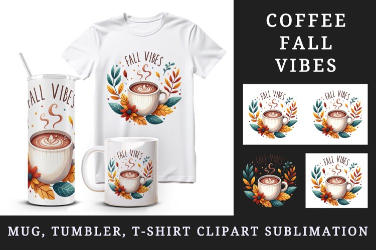 Watercolor hot cup of cocoa coffee autumn leaves Fall vibes quote print 20 oz tumbler skinny mug wrap clipart t-shirt sublimation printable design