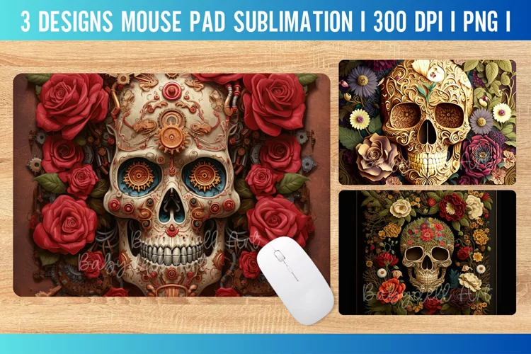 Skull Mouse Pad Sublimation Design PNG|Flower Skull Mouse