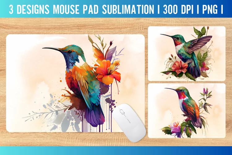 Watercolor Hummingbird Mouse Pad Sublimation Designs I PNG