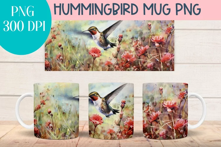 Watercolor Hummingbird mug wrap PNG for Sublimation