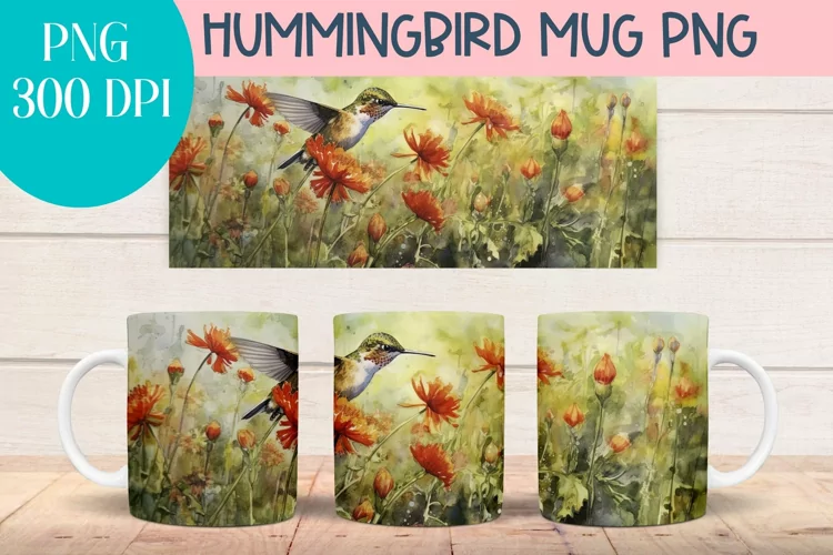 Watercolor Hummingbird mug wrap PNG for Sublimation