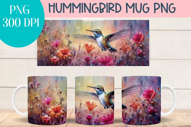 Watercolor Hummingbird mug wrap PNG for Sublimation