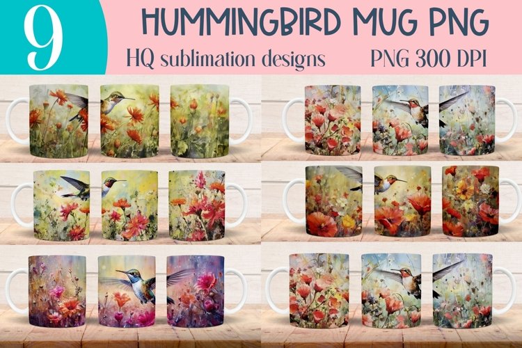 Watercolor Hummingbird mug wraps for Sublimation BUNDLE PNG