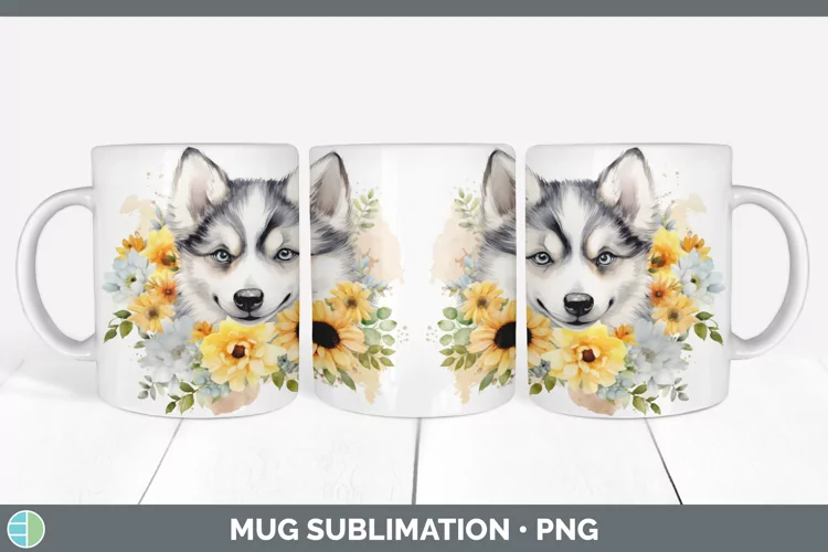 Watercolor Husky Dog Mug Wrap | Sublimation Coffee Cup Desig