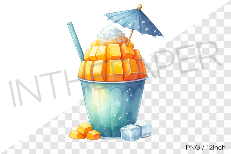Mango shaved ice cup with cocktail umbrella PNG dessert art