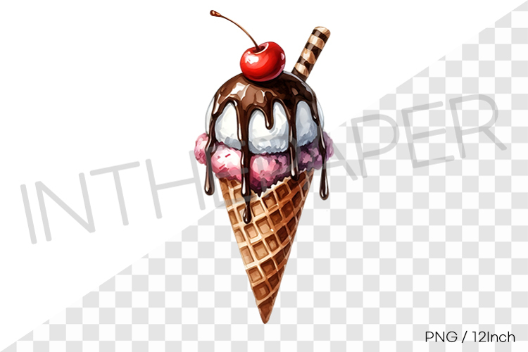 Vanilla scoop with chocolate syrup   cherry waffle cone PNG