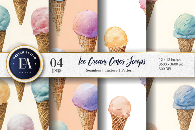 Pastel Watercolor Cartoon Ice Cream Cones Digital Paper