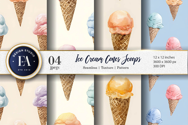 Watercolor Cartoon Ice Cream Cones with Pastel Digital Paper