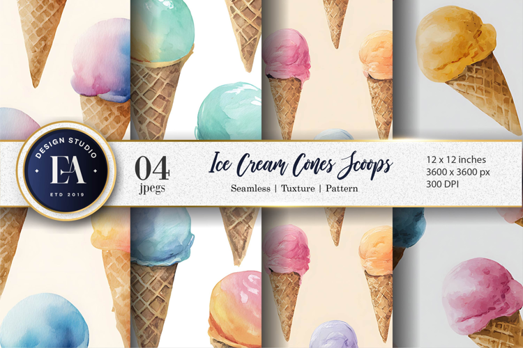 Cartoon Ice Cream Cones with Pastel Scoops Digital Paper