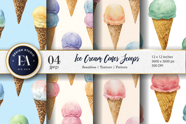 Watercolor Ice Cream Cones Pastel Scoops Digital Paper