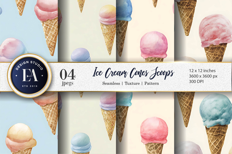 Cute Pastel Ice Cream Cones Cartoon Watercolor Digital Paper