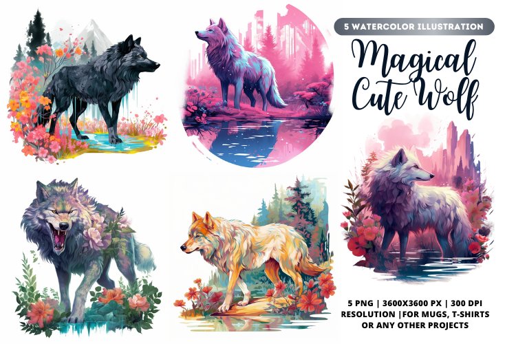 Magical Wolf Watercolor Bundle | Wolf bundle | 5 Wolf bundle example image 1