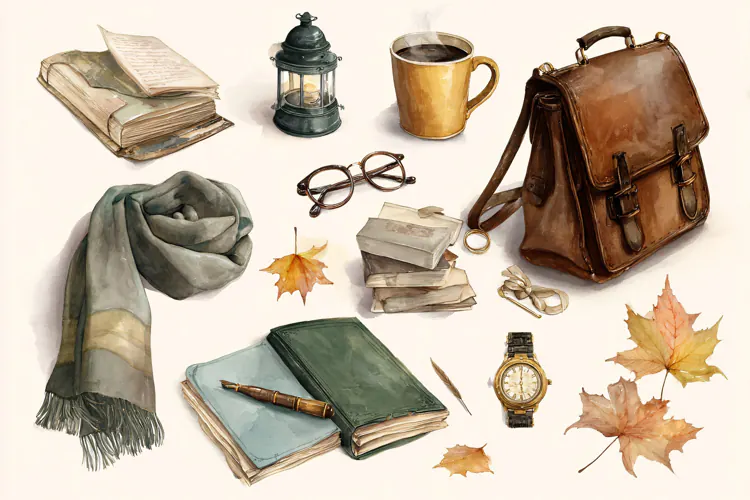 Watercolor illustration of autumn travel accessories