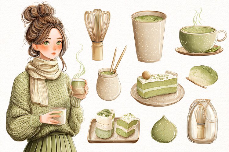 Watercolor illustration of a woman drinking matcha tea example image 1