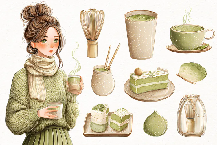 Watercolor illustration of a woman drinking matcha tea