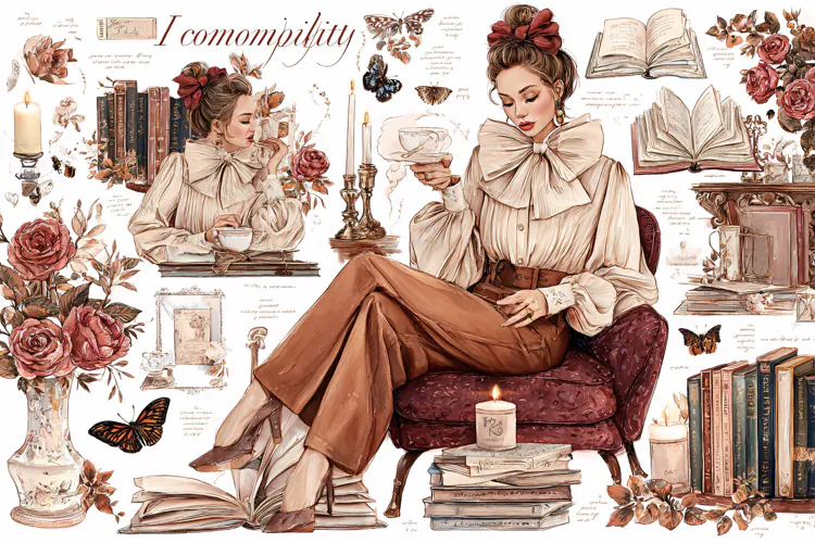 Victorian woman reading a book on a sofa surrounded Vintage