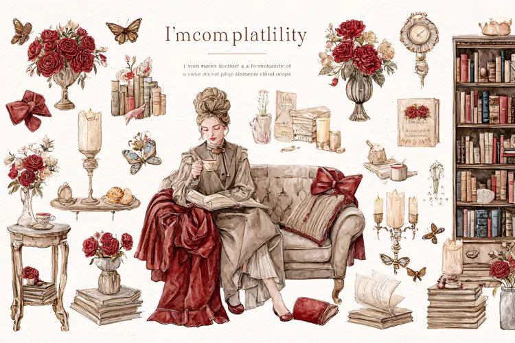 Victorian woman reading a book on a sofa surrounded Vintage