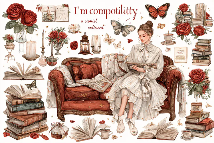 Victorian woman reading a book on a sofa surrounded Vintage