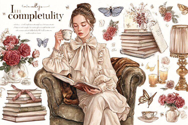 Victorian woman reading a book on a sofa surrounded Vintage example image 1