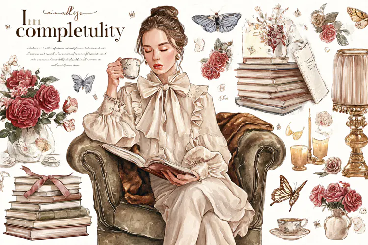 Victorian woman reading a book on a sofa surrounded Vintage