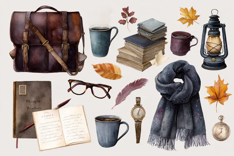 Watercolor collection of autumn travel accessories Vintage