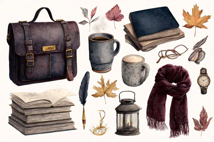 Watercolor collection of autumn travel accessories Vintage