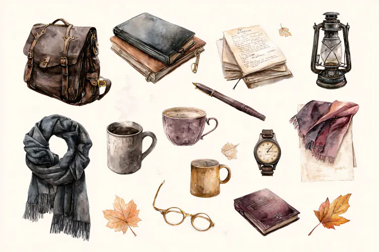 Watercolor collection of autumn travel accessories Vintage
