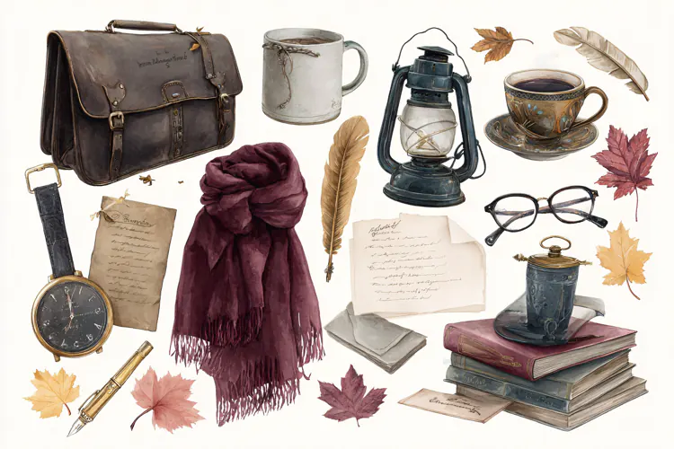 Watercolor collection of autumn travel accessories Vintage