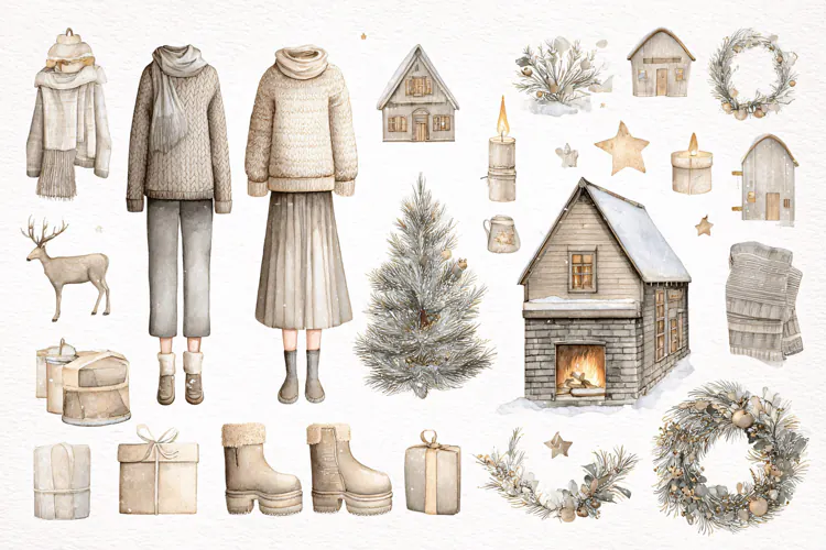 Watercolor illustration of vintage autumn travel items