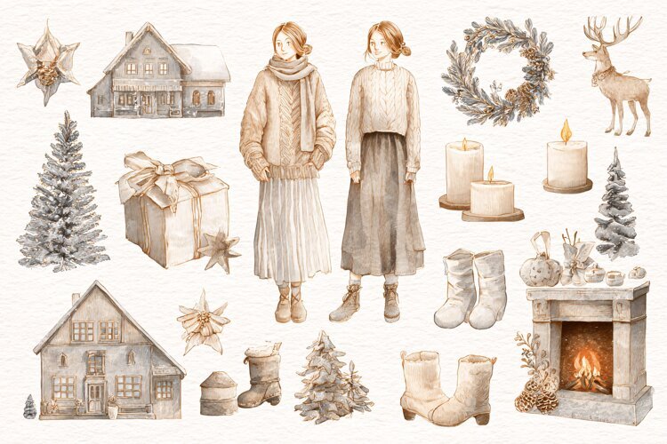 Watercolor winter collection with women in cozy sweaters example image 1