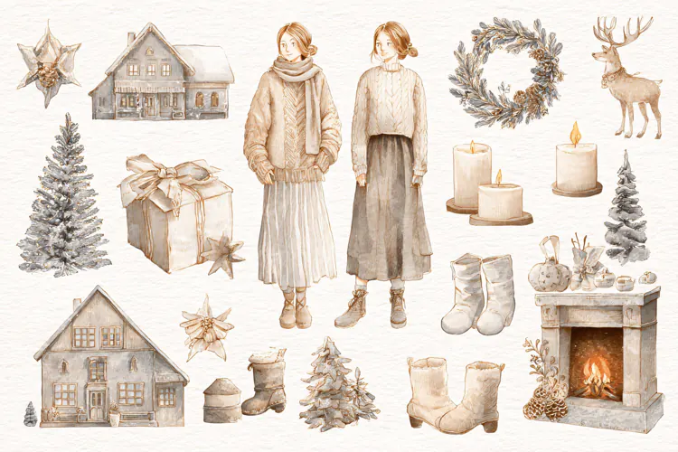 Watercolor winter collection with women in cozy sweaters