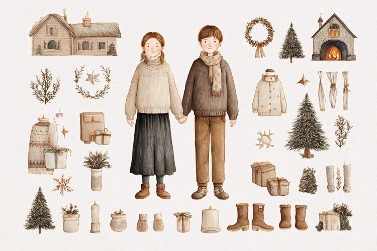 Watercolor illustration of children winter holiday elements example image 1