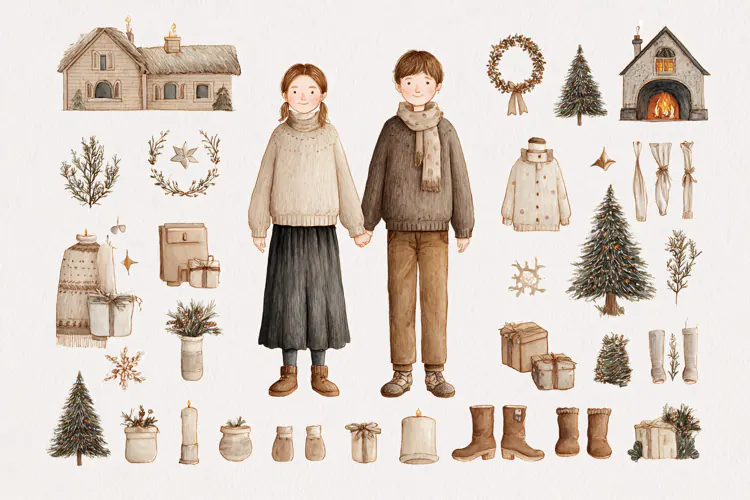 Watercolor illustration of children winter holiday elements