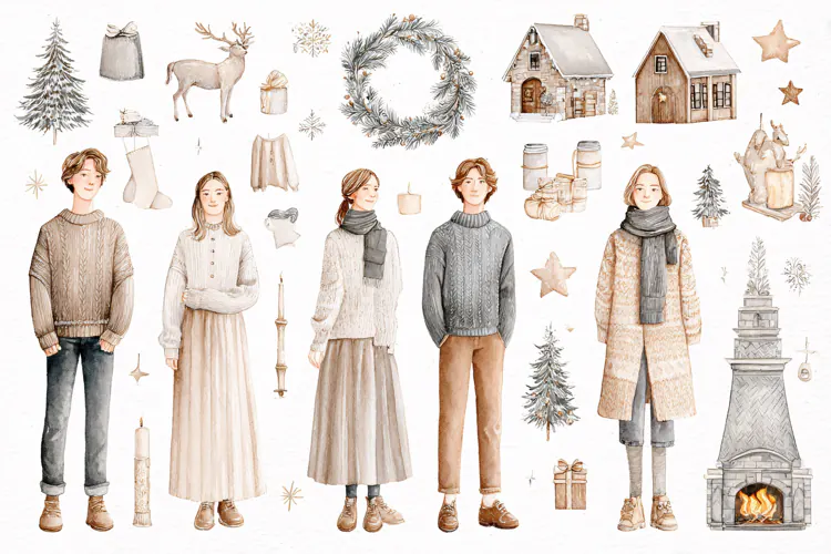 Watercolor illustration people in winter clothes Christmas