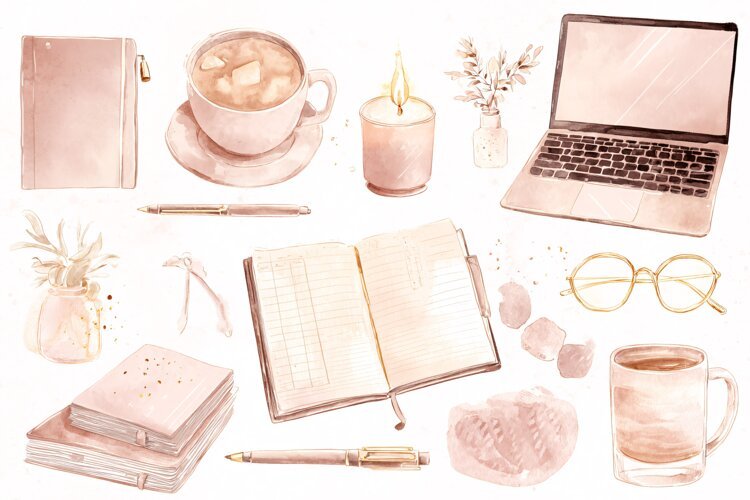 Watercolor illustration of office supplies and coffee on whi example image 1