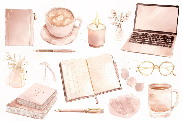 Watercolor illustration of office supplies and coffee on whi