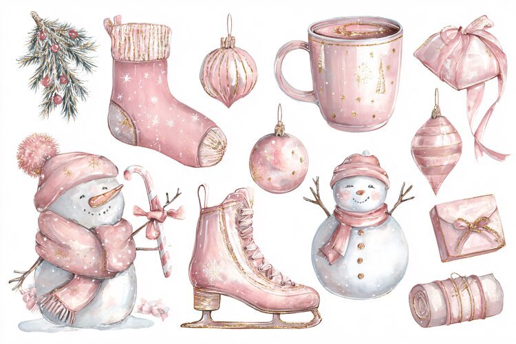 Watercolor Christmas collection with pink snowmen and festiv example image 1