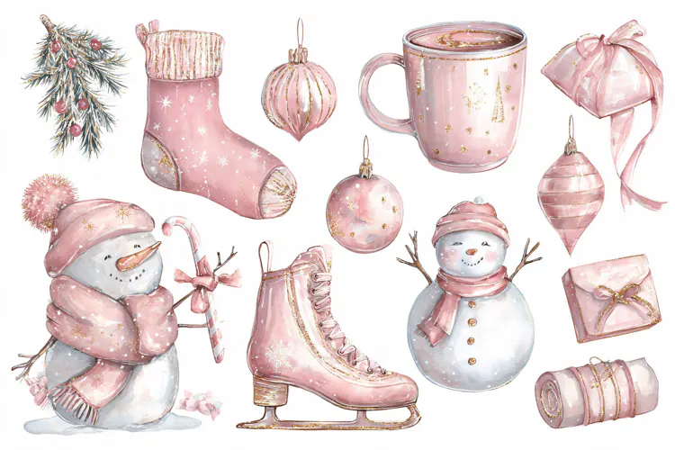 Watercolor Christmas collection with pink snowmen and festiv